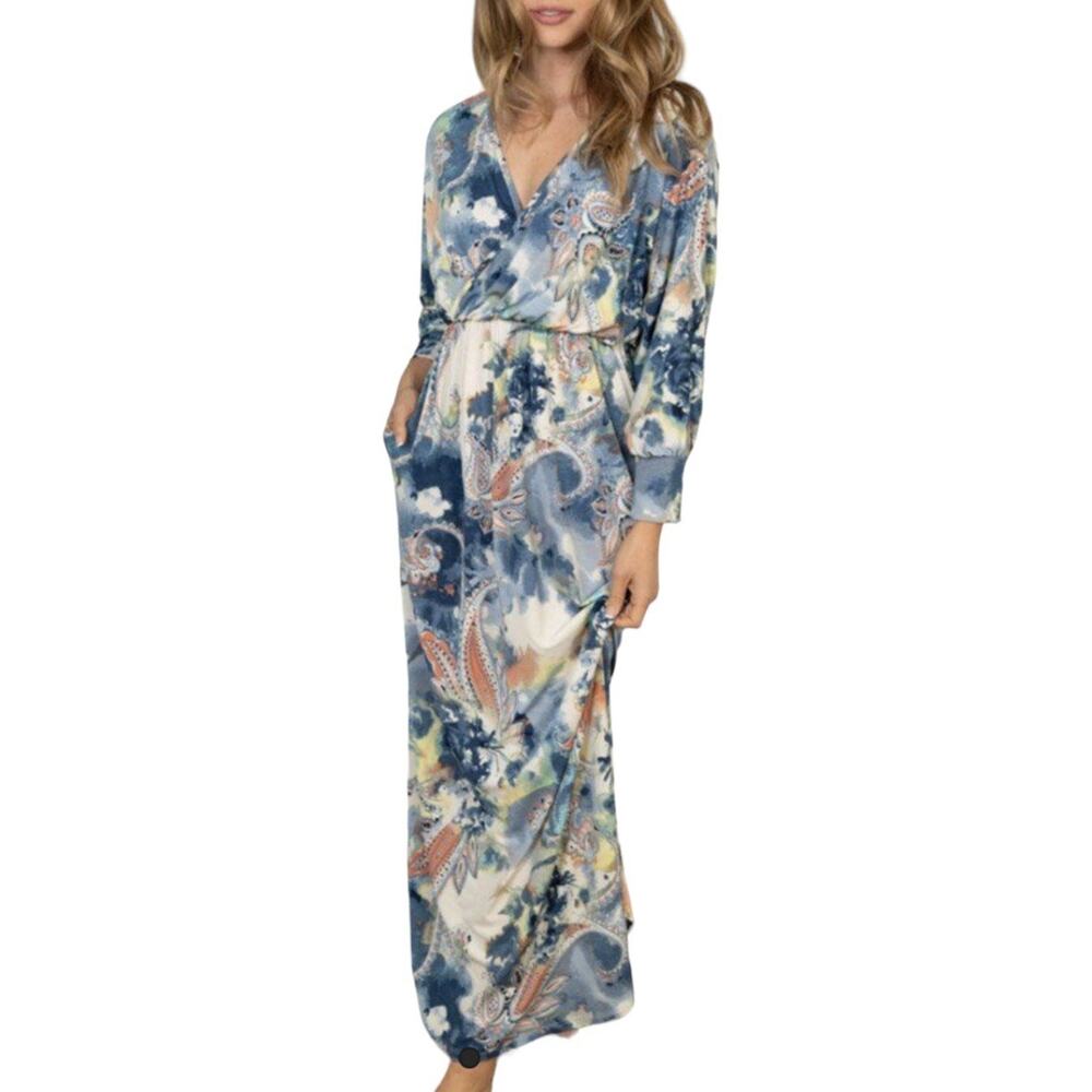 White Birch Maxi Dress Womens Small Blue Ivory Coral Watercolor Long Sleeve